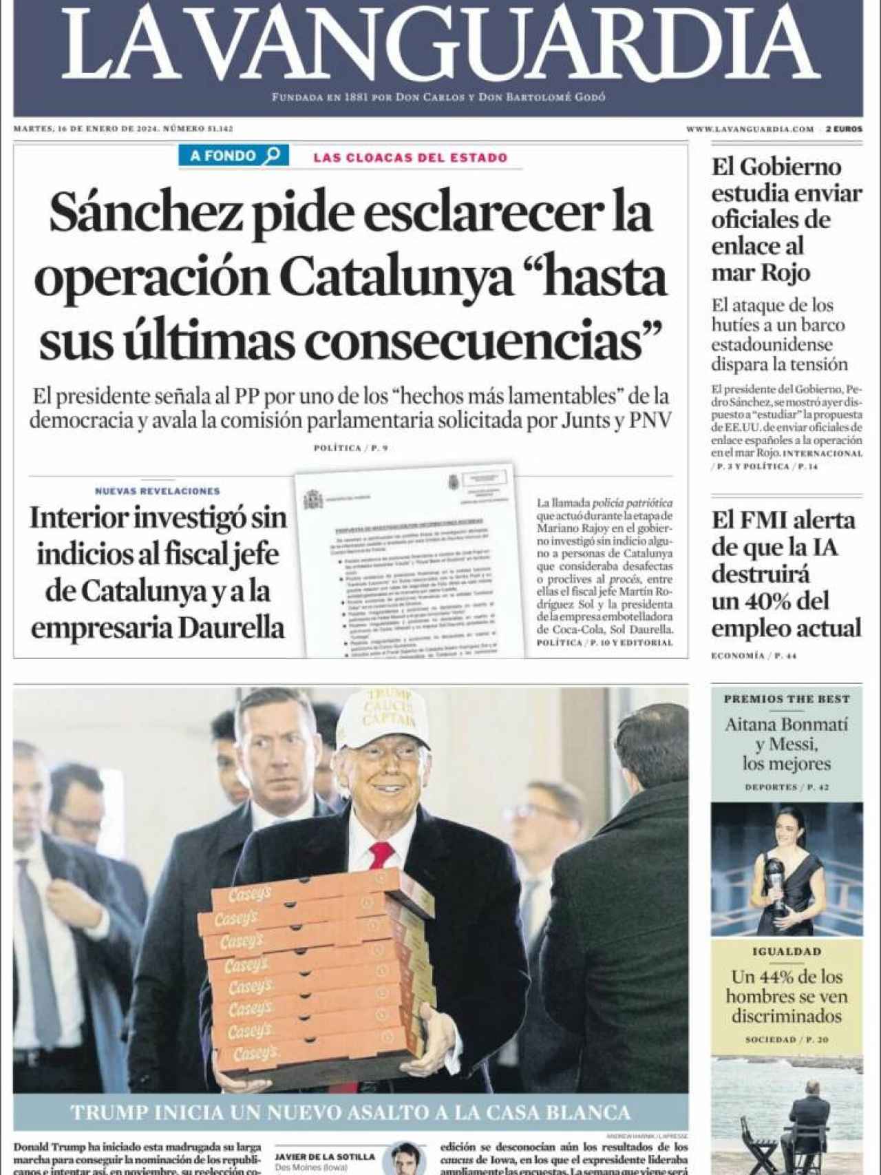 Portada de 'La Vanguardia' del 16 de enero de 2024