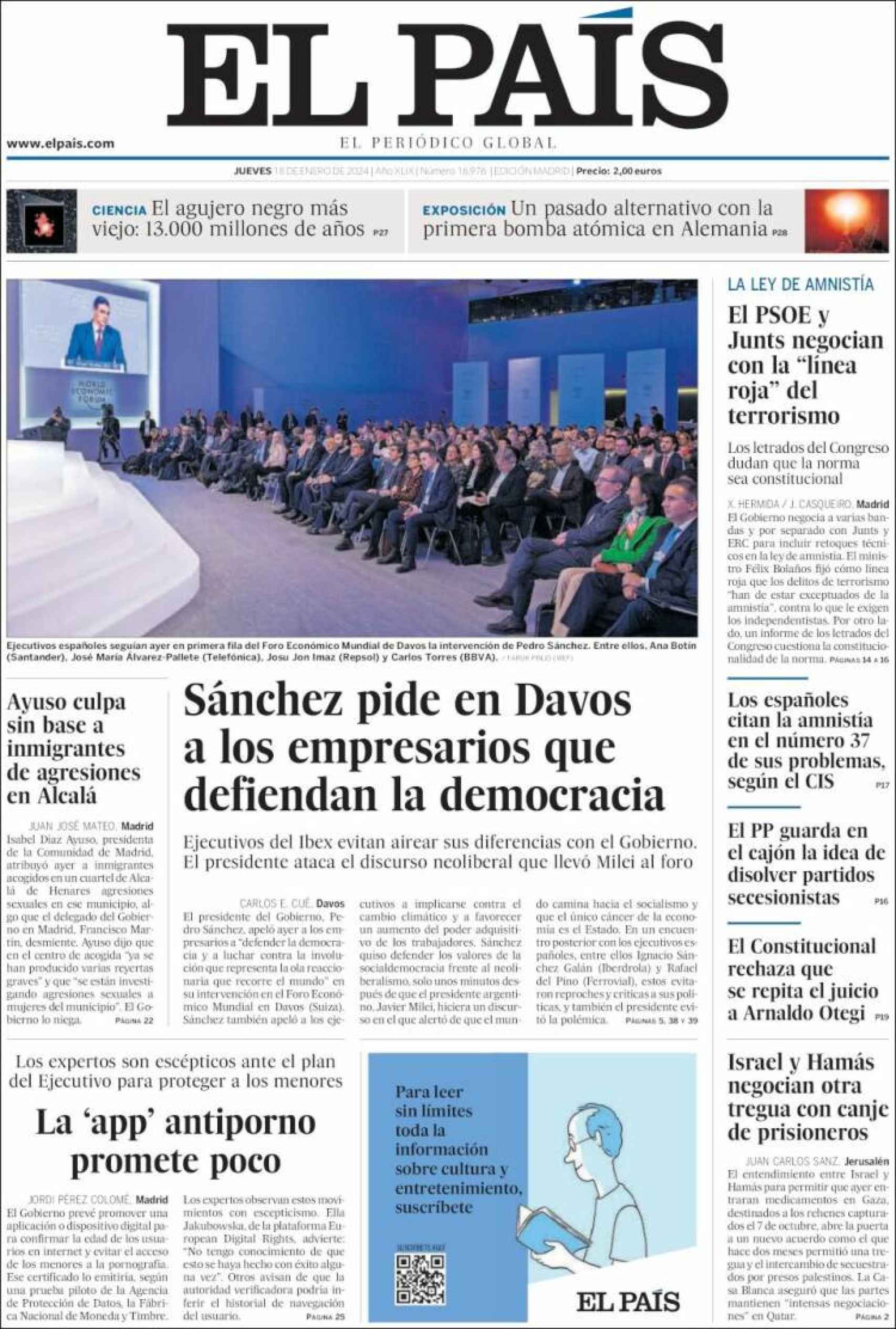 Portada de 'El País' del 18 de enero de 2024