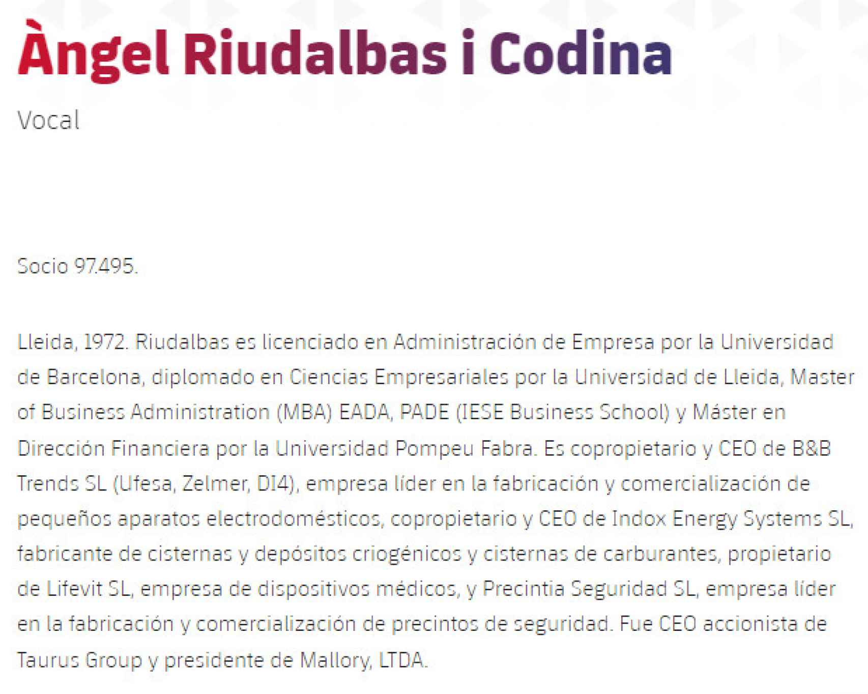 La descripción de Àngel Riudalbas Codina en la web del Barça