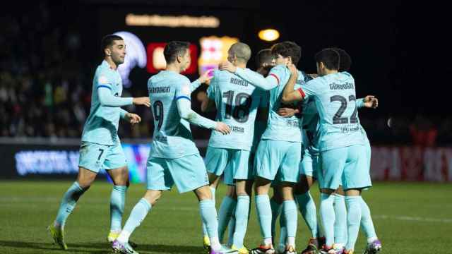 El FC Barcelona, celebrando la victoria contra Unionistas de Salamanca