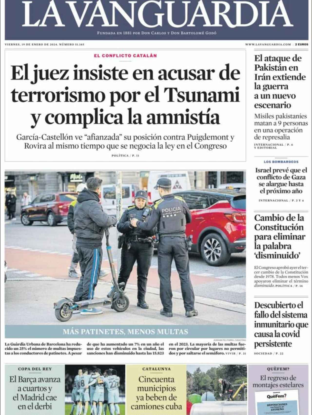 Portada de 'La Vanguardia' del 19 de enero