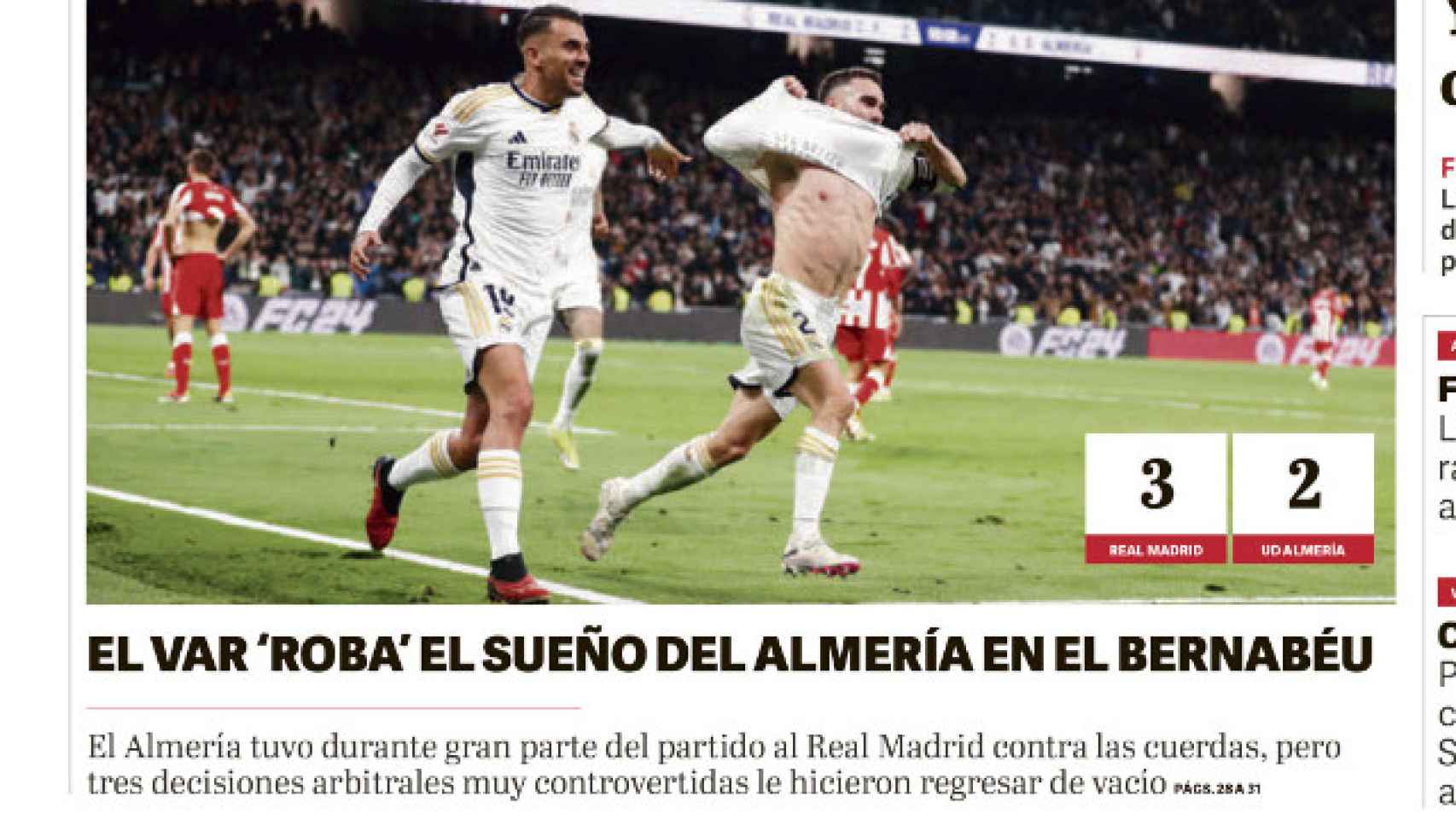 La portada de 'La Voz de Almería' tras el escándalo arbitral en el Santiago Bernabéu
