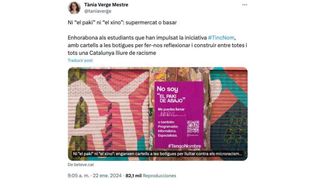 Tuit de la 'consellera' Tània Verge que ha indignado a radicales ultranacionalistas por elogiar una campaña escrita en castellano