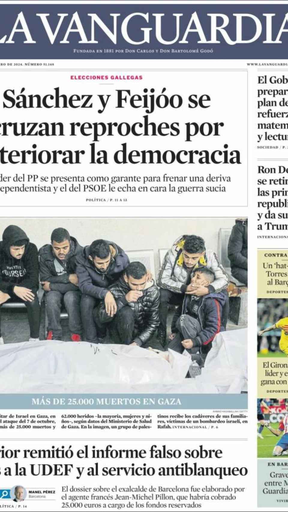 Portada de 'La Vanguardia' del 22 de enero de 2024