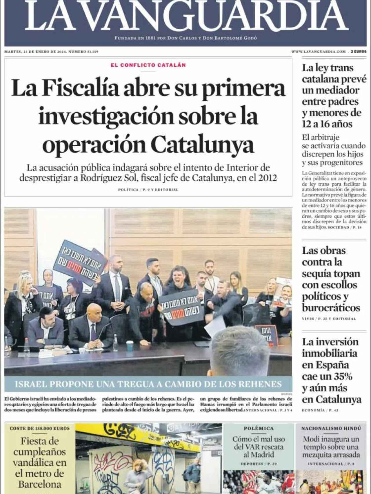 Portada de 'La Vanguardia' del 23 de enero de 2024