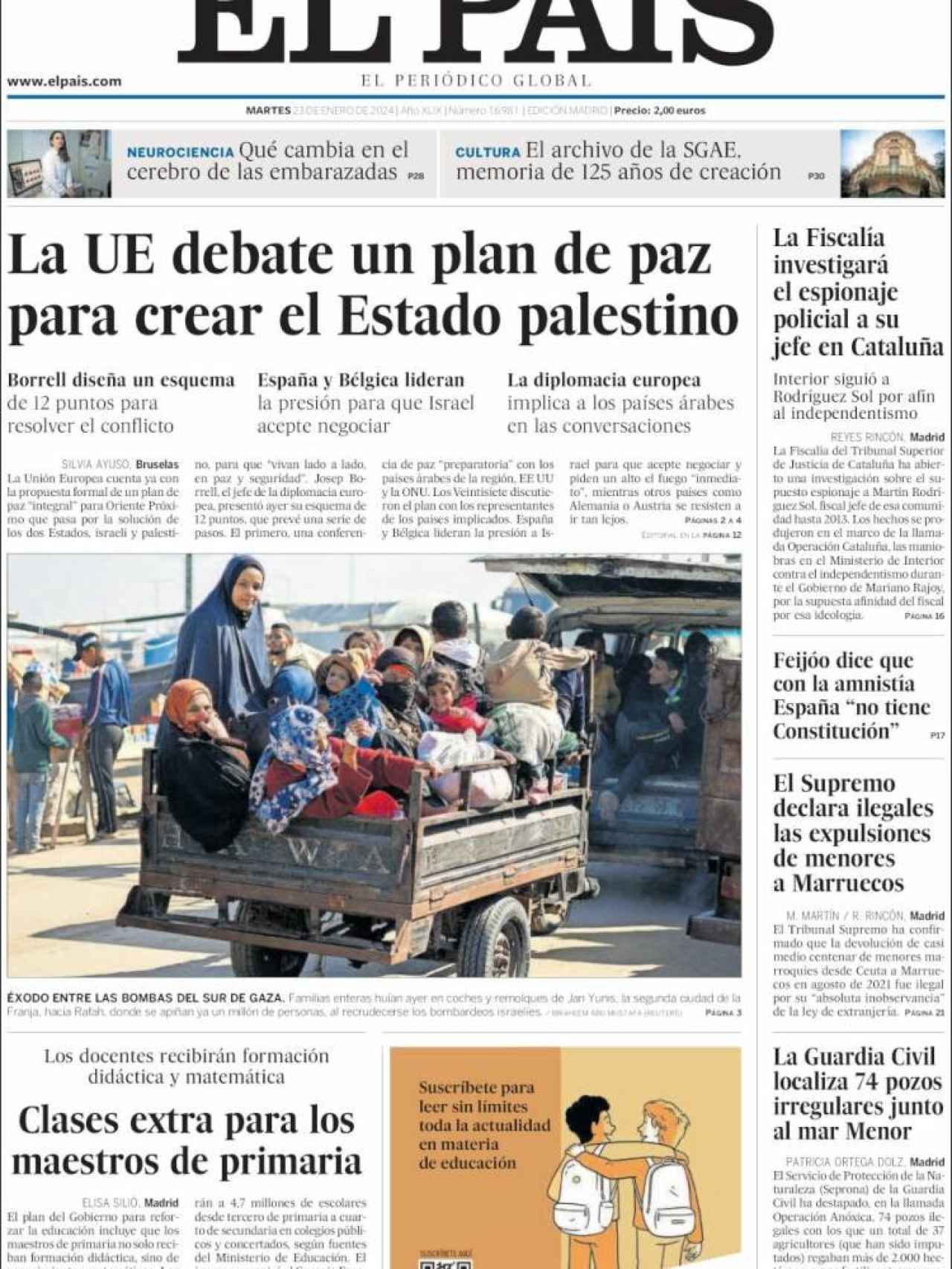 Portada de 'El País' del 23 de enero de 2024