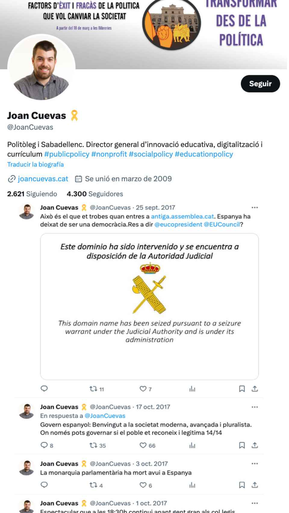 Tuits de Joan Cuevas en septiembre y octubre de 2017