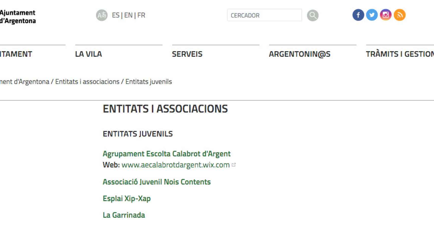 Página web del Ajuntament d'Argentona, en la que se anuncian entidades juveniles