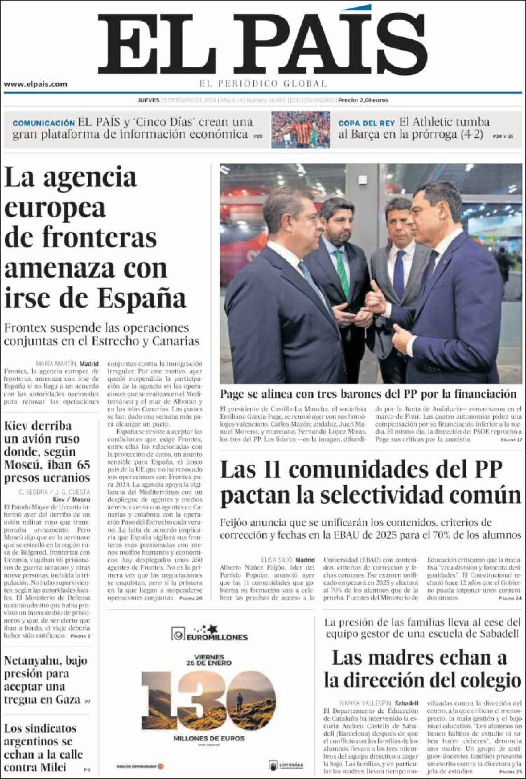 Portada de 'El País' del 25 de enero