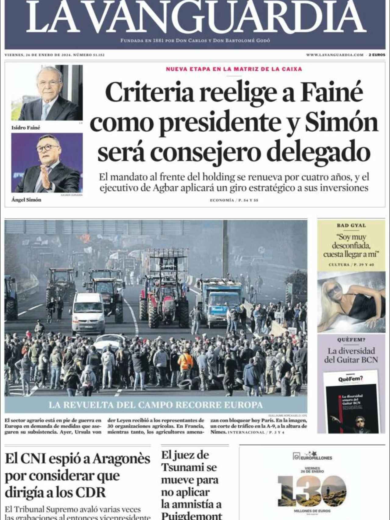 Portada de 'La Vanguardia' del 26 de enero
