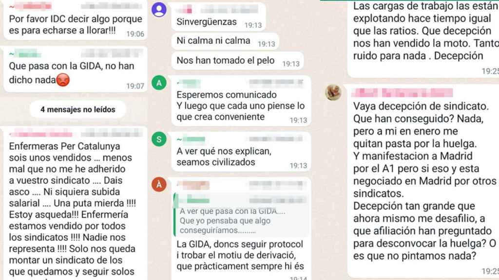 Tres capturas de los chats de la huelga de enfermería de Cataluña