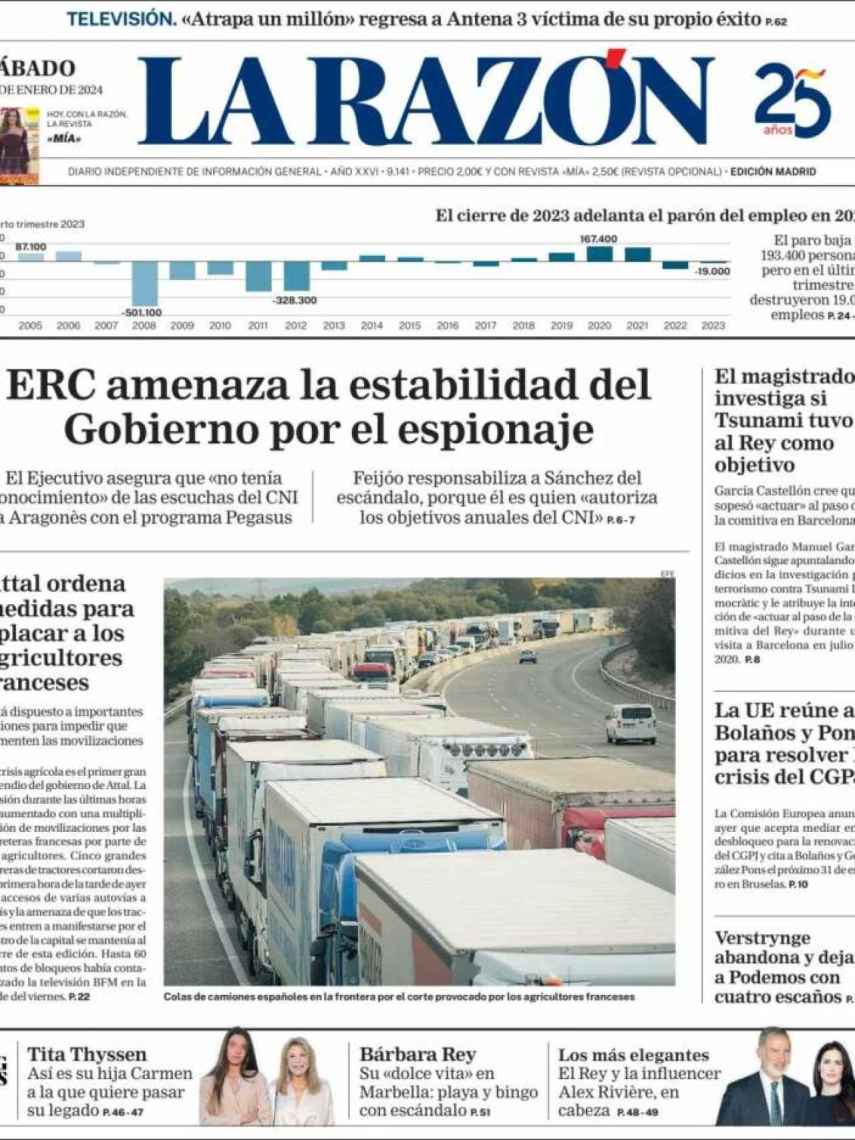 'La Razón', portada del 27 de enero