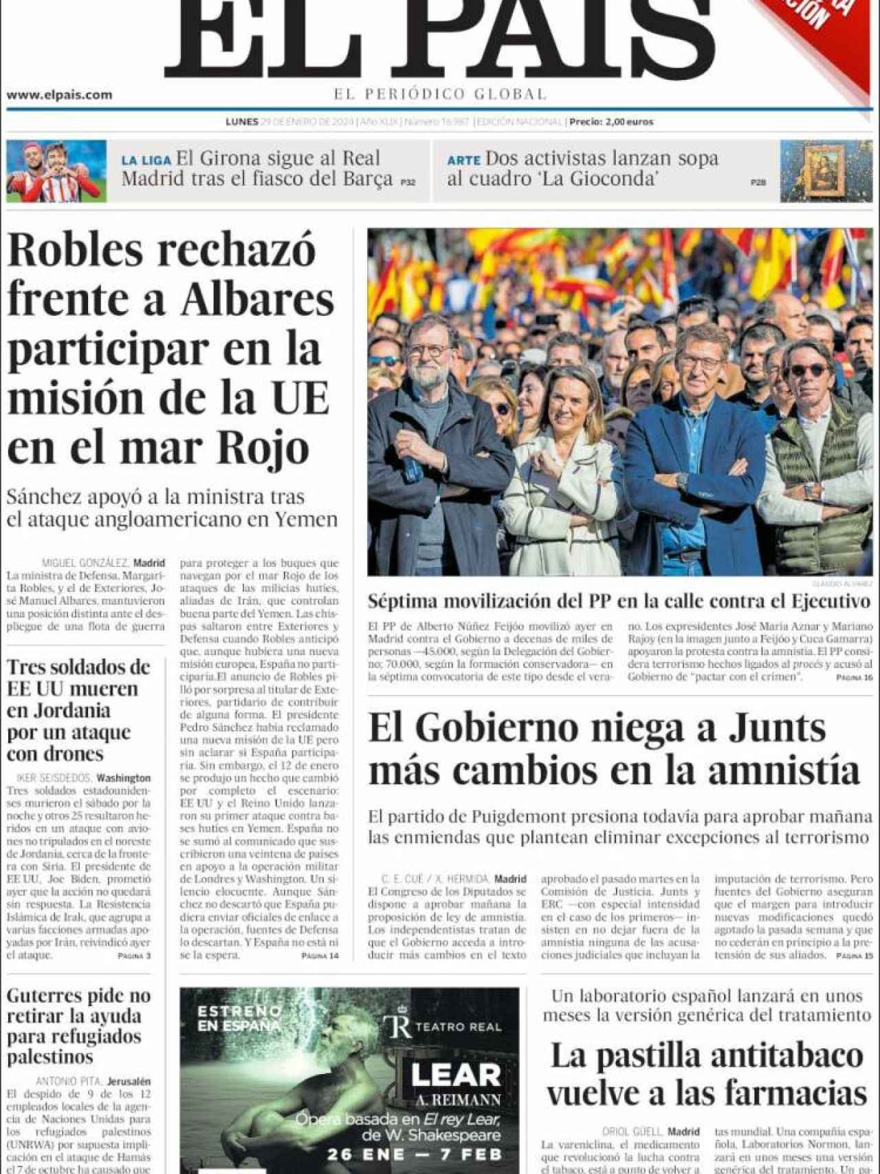 Portada de 'El País' del 29 de enero de 2024