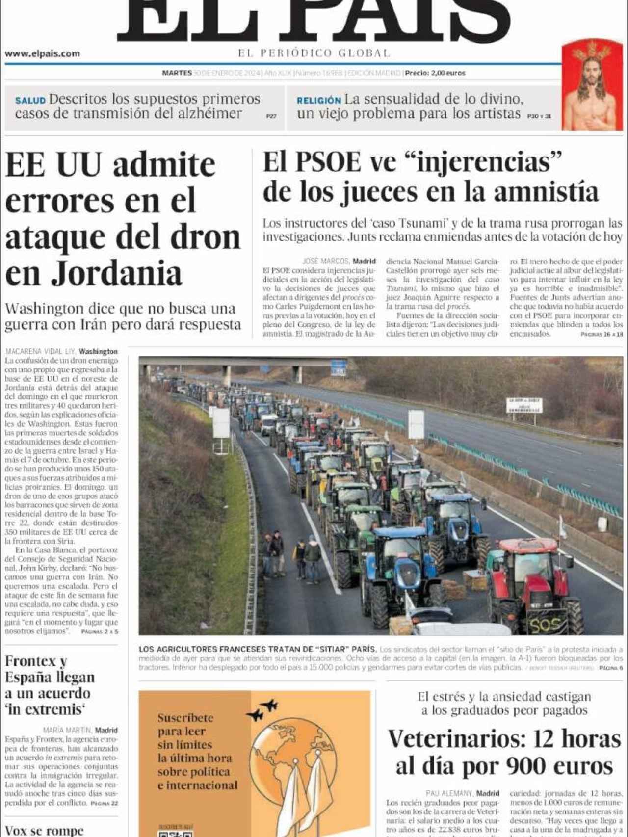 Portada de 'El País' del 30 de enero de 2024