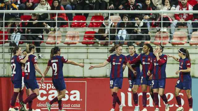 Las jugadoras del Barça Femenino festejan un gol en el partido de Champions League contra el Benfica