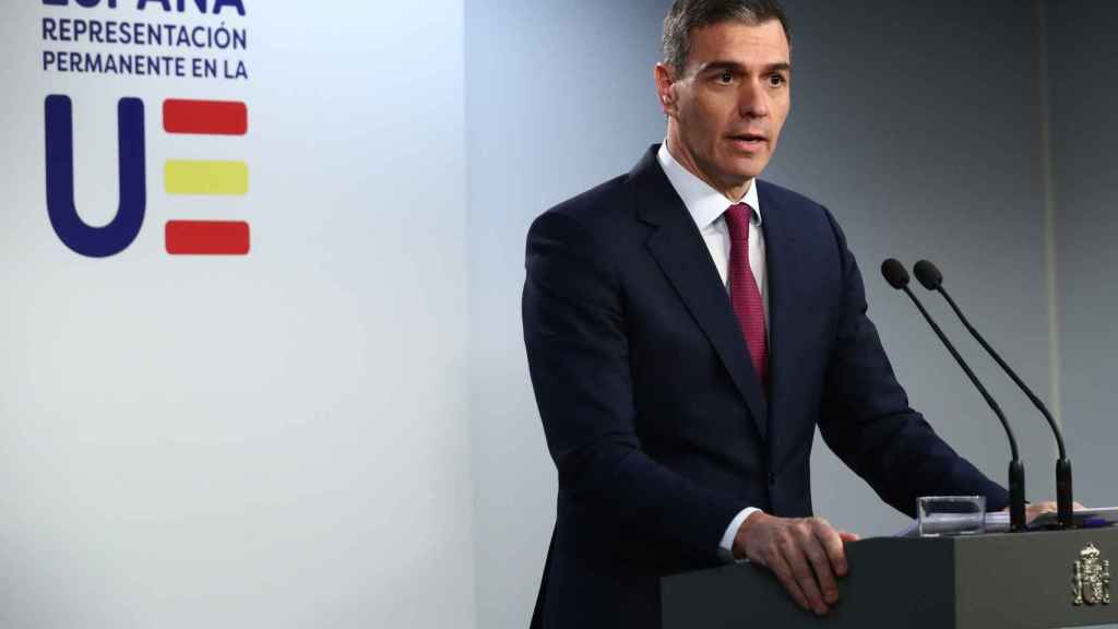 El presidente del Gobierno, Pedro Sánchez, en la rueda de prensa posterior a la cumbre de líderes europeos en Bruselas