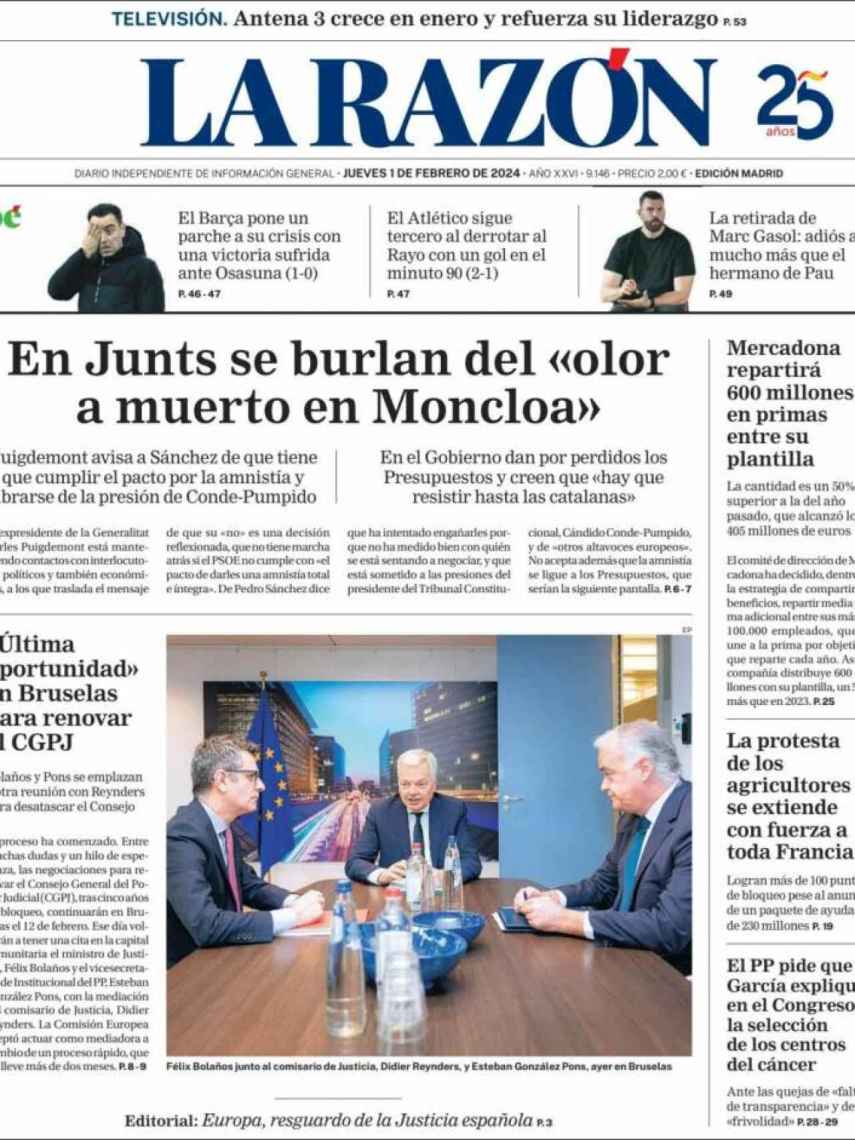 Portada de 'La Razón' del 1 de febrero