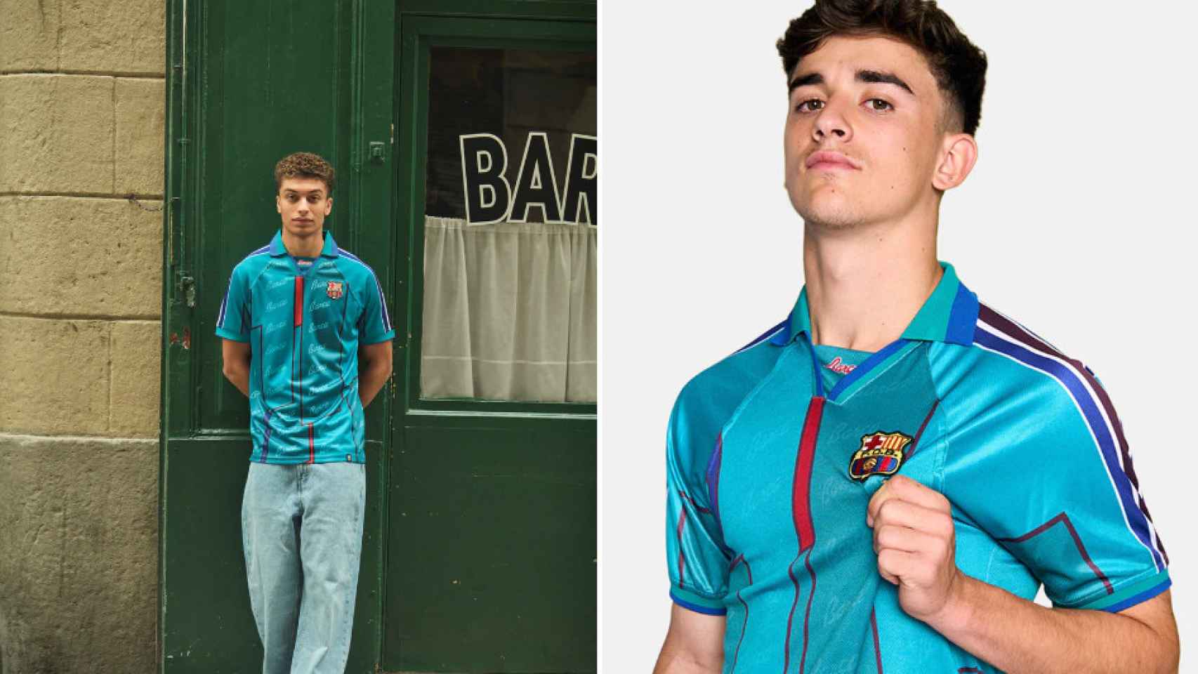 Gavi posa con la camiseta turquesa del Barça de los 90 marca Kappa
