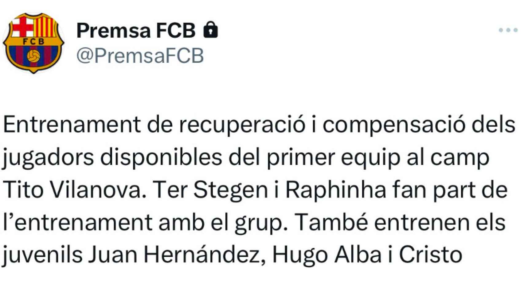 Tuit del Barça sobre el entrenamiento de este domingo