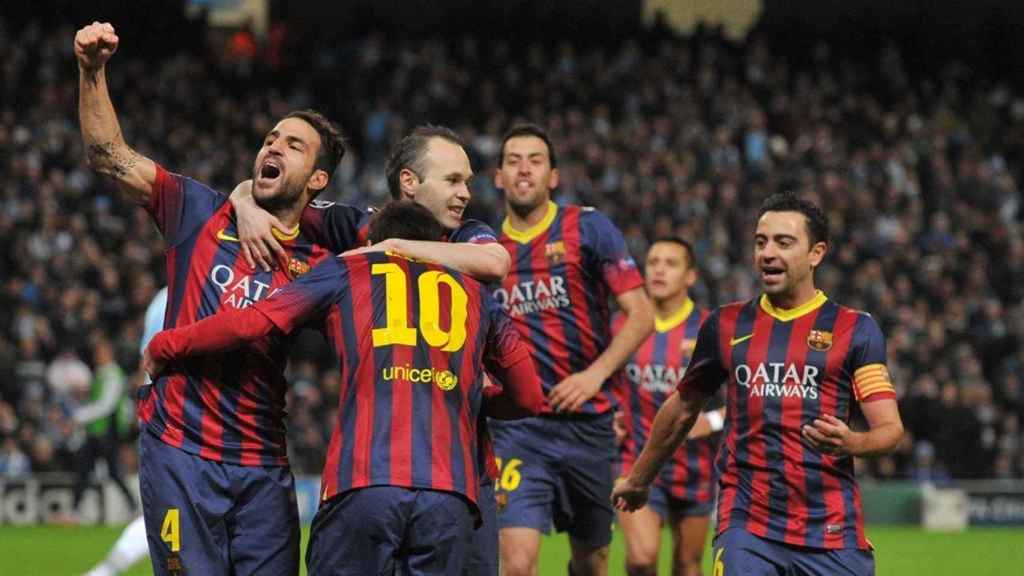 Los jugadores del Barça, durante la temporada 2013-14, celebrando un gol