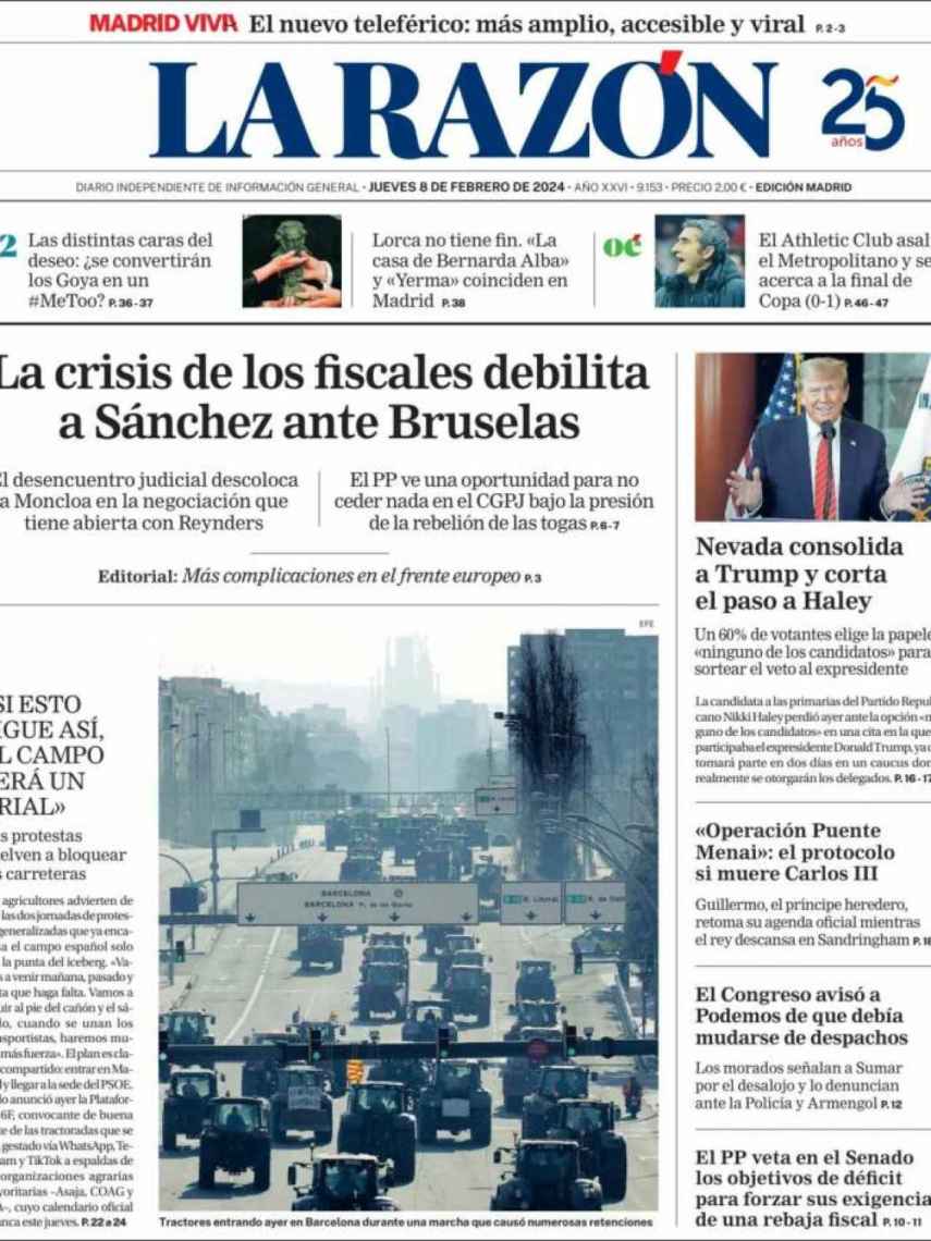 Portada de 'La Razón' del 8 de febrero