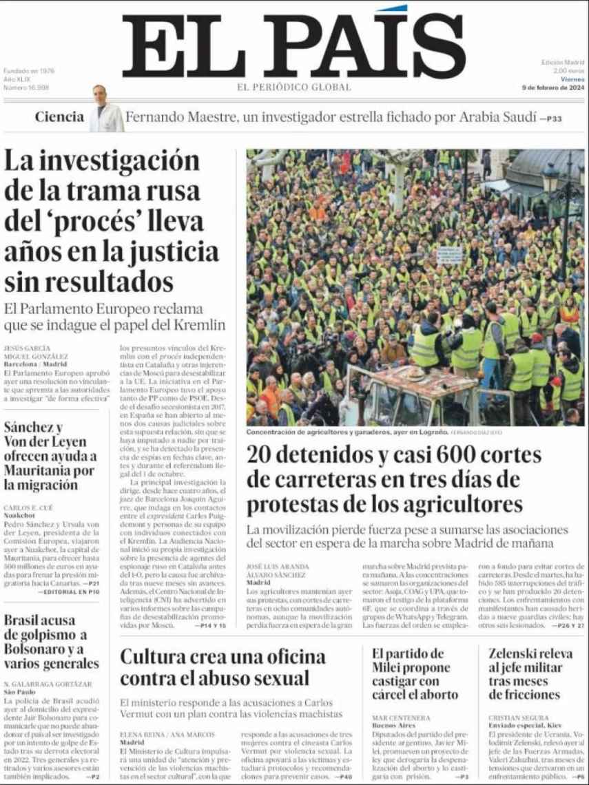 Portada de 'El País' del 9 de febrero