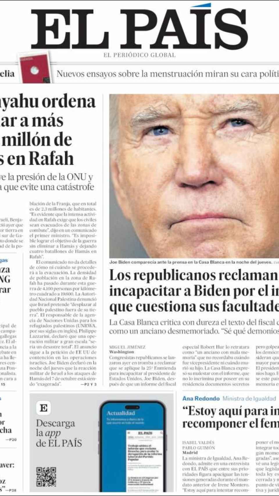 Porta de 'El País' del 10 de febrero de 2024