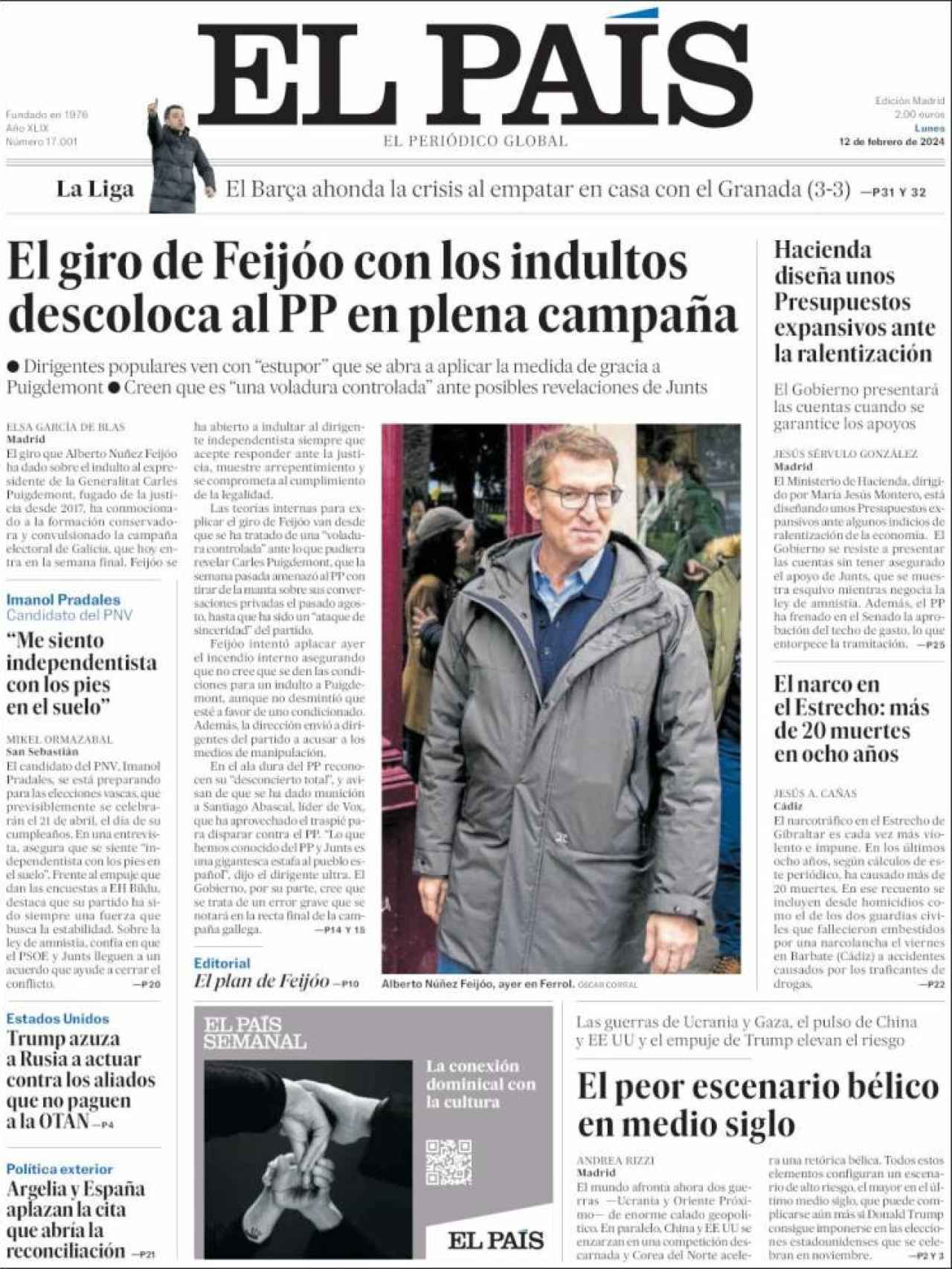 La portada de 'El País' del 12 de febrero de 2024