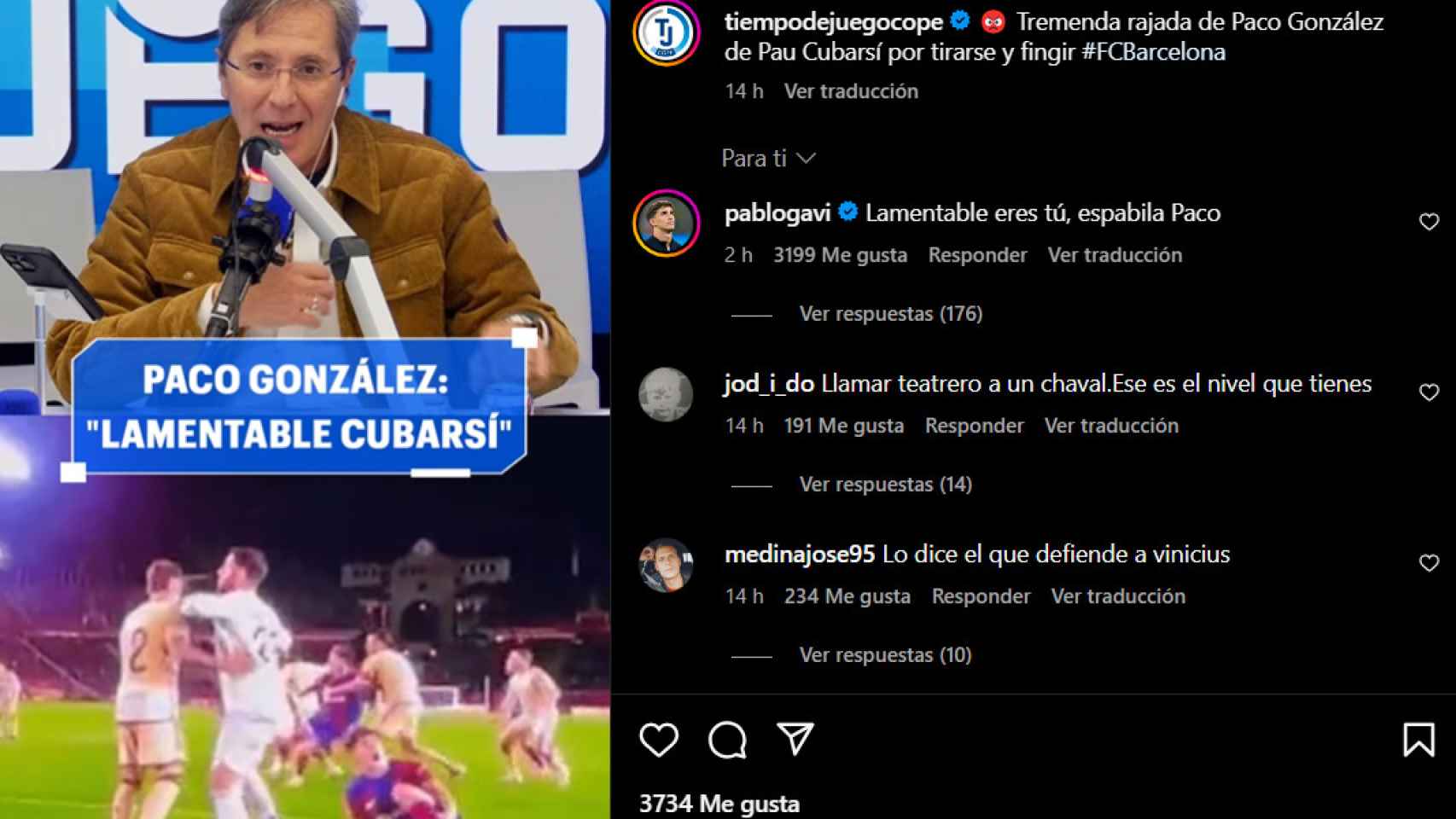 Gavi contesta al periodista Paco González por Instagram