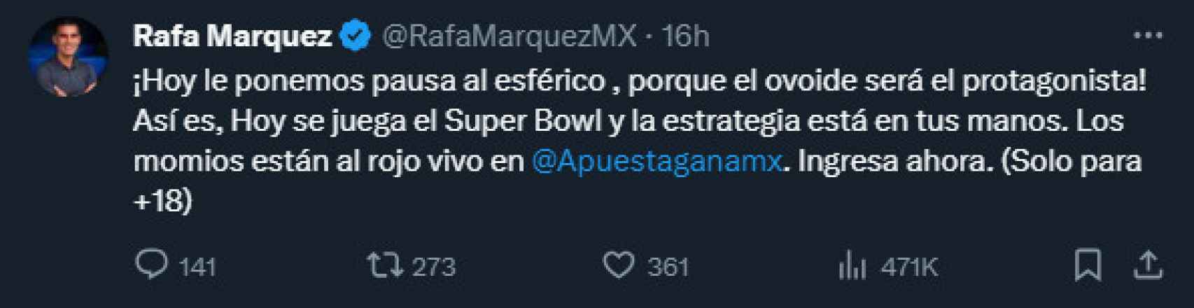 El tuit de Rafa Márquez sobre apostar en el Super Bowl