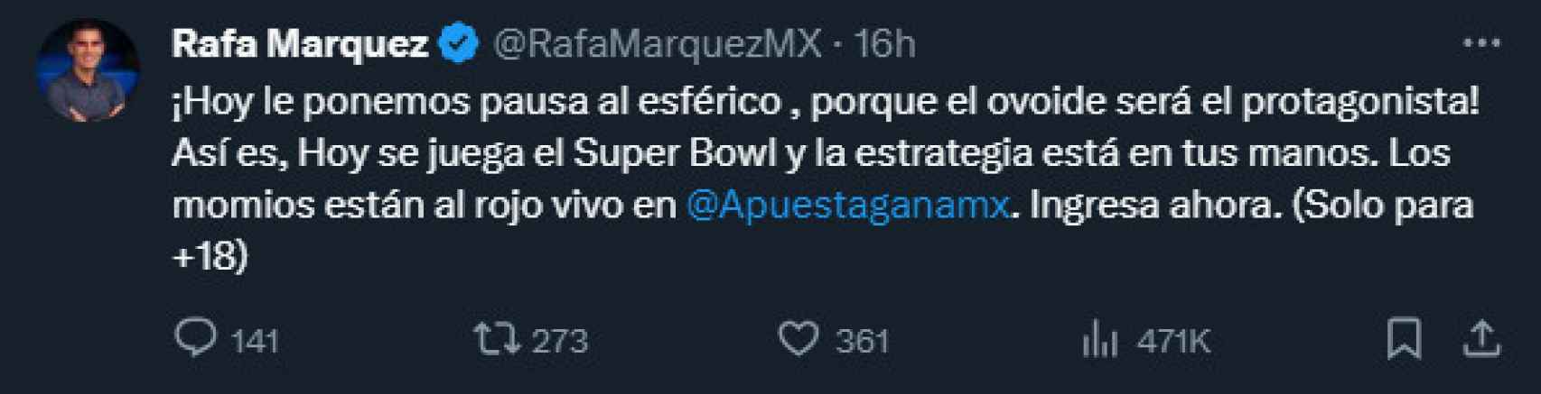 El tuit de Rafa Márquez sobre apostar en el Super Bowl