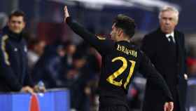 La celebración de Brahim Díaz tras anotar el gol de la victoria del Real Madrid en la Champions