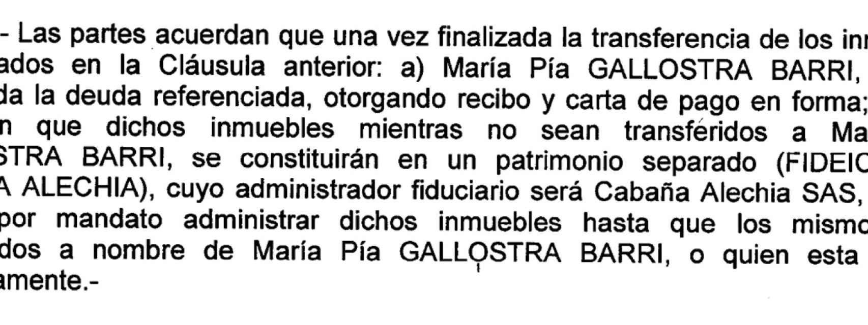 El acuerdo de traspaso de la hacienda al 'trust' de Pia Gallostra