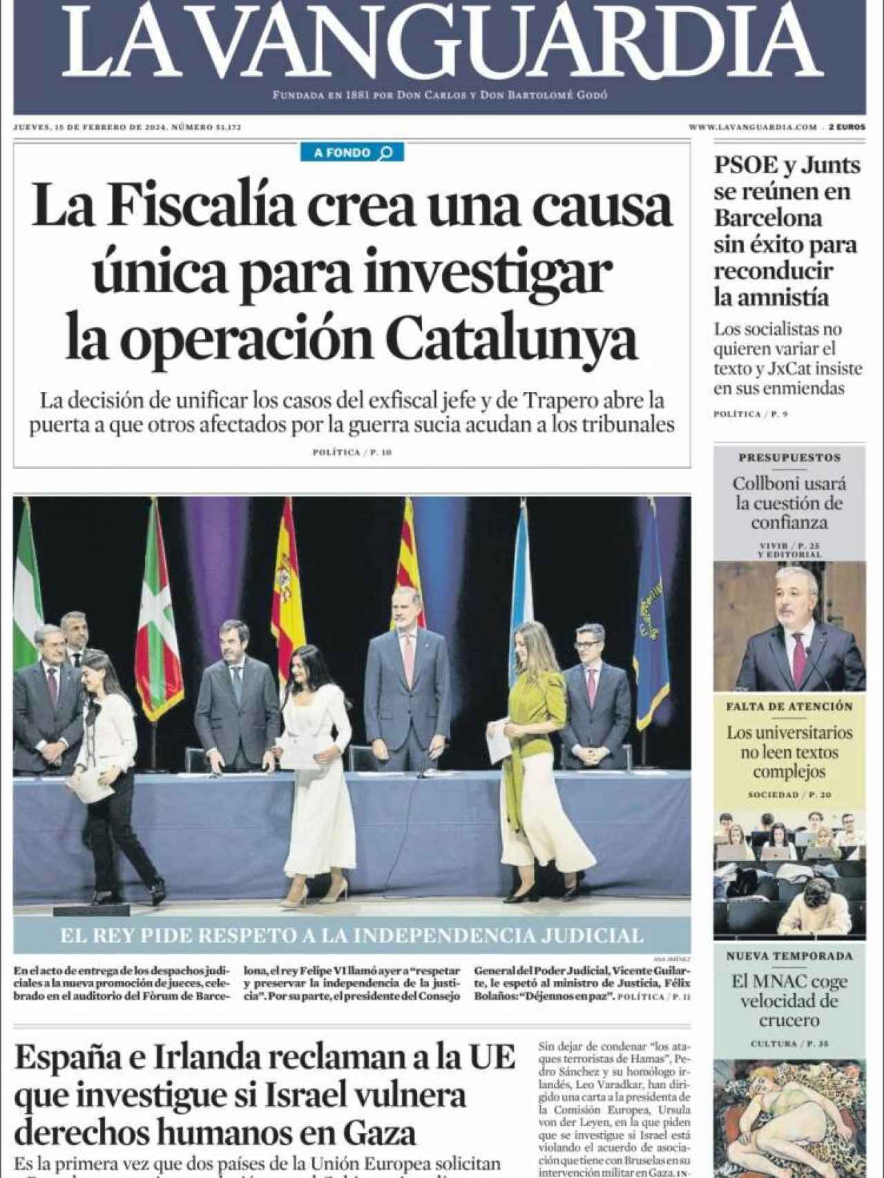 Portada de 'La Vanguardia' del 15 de febrero