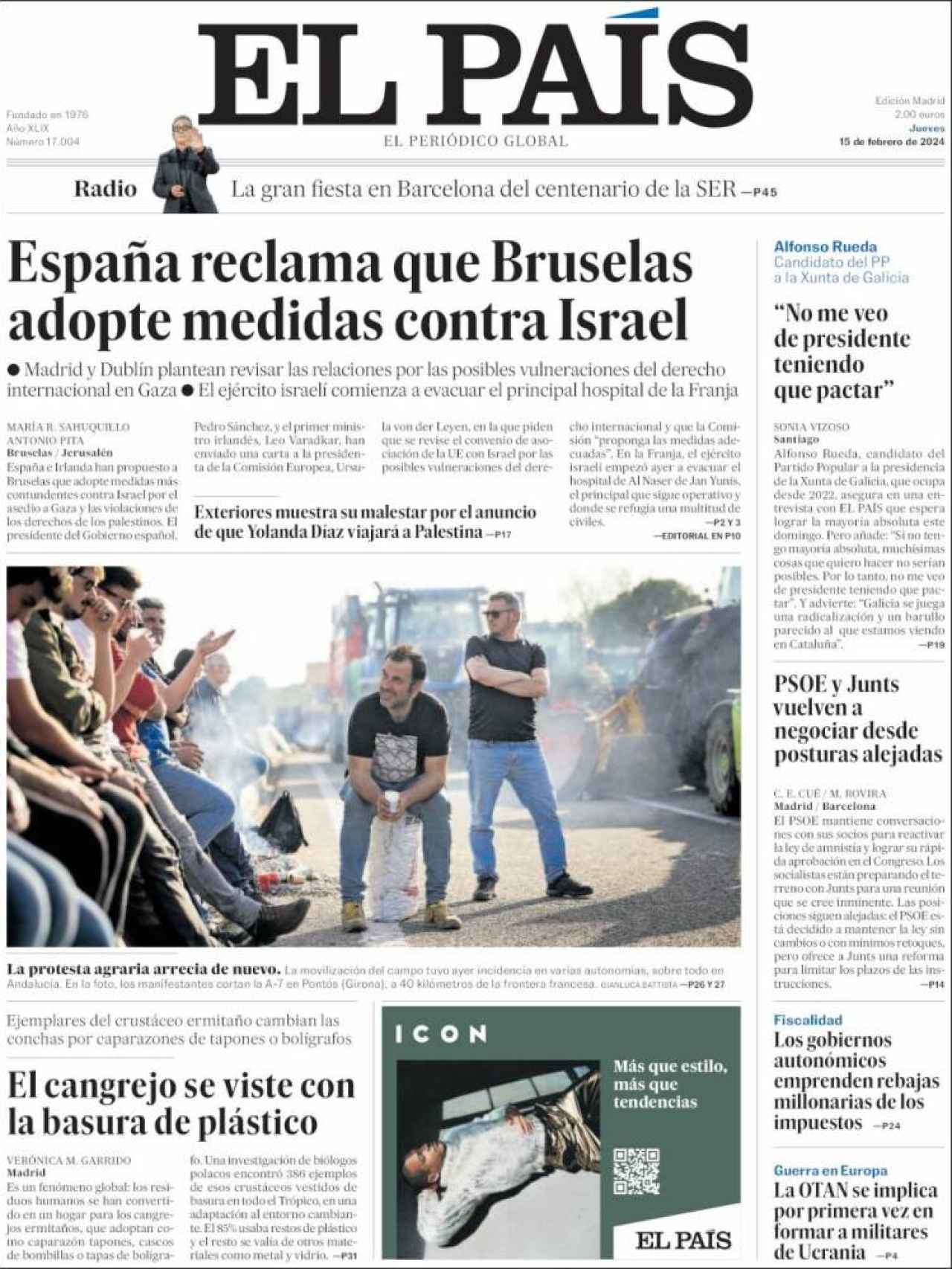 Portada de 'El País' del 15 de febrero
