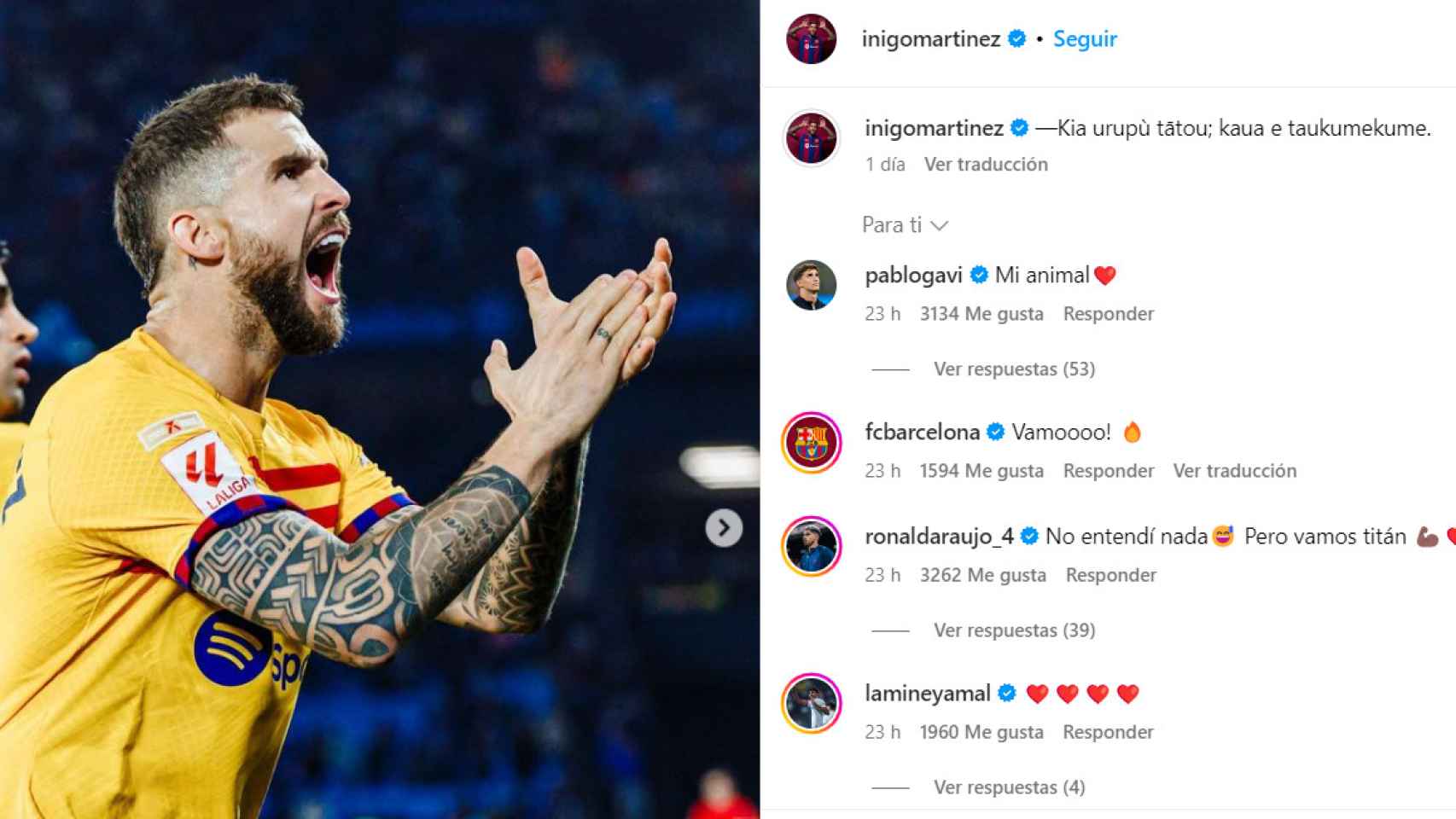 El comentario cariñoso de Gavi hacia Iñigo Martínez tras el Celta-Barça