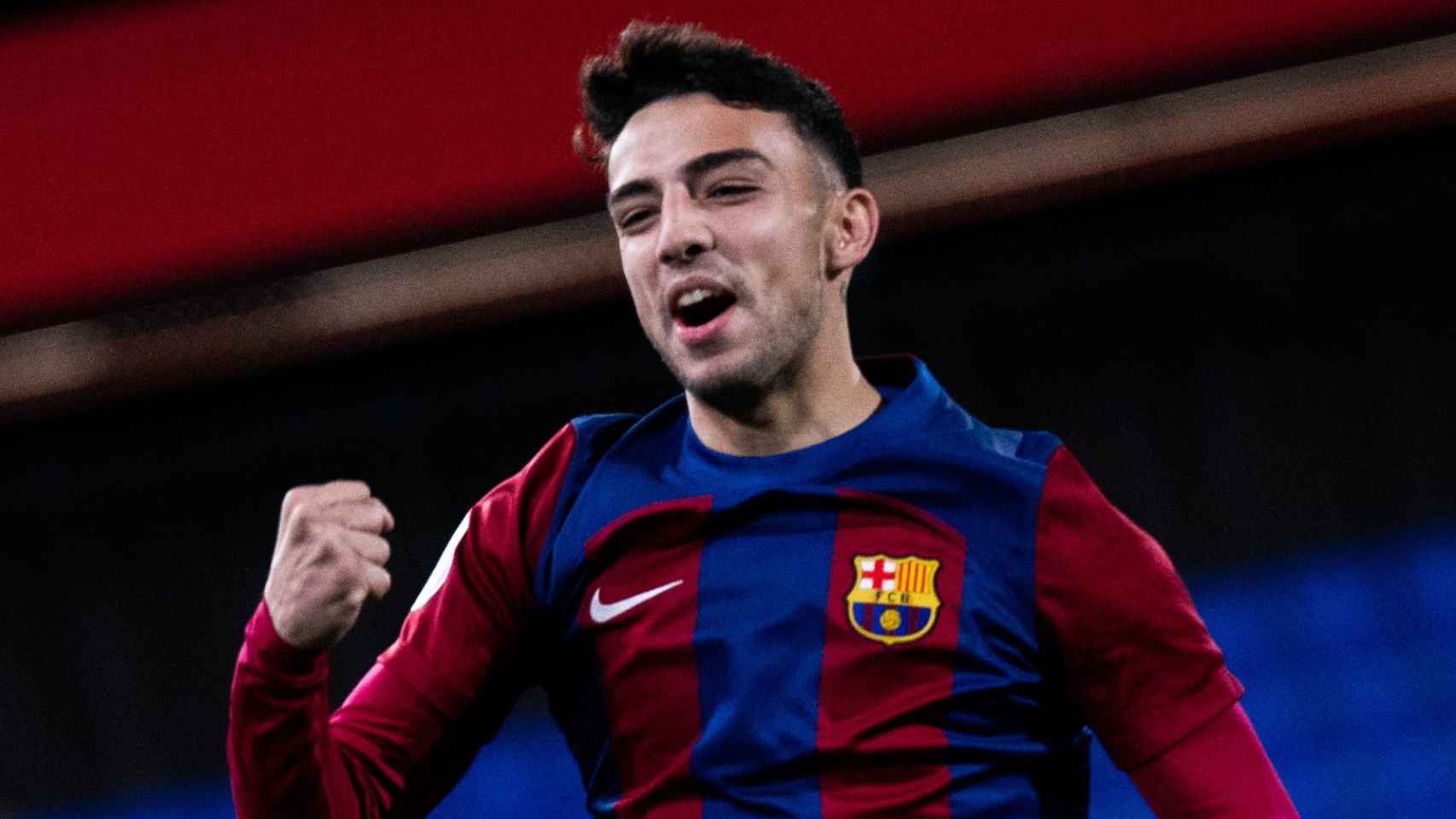 Naím García celebra su primer gol con el Barça B
