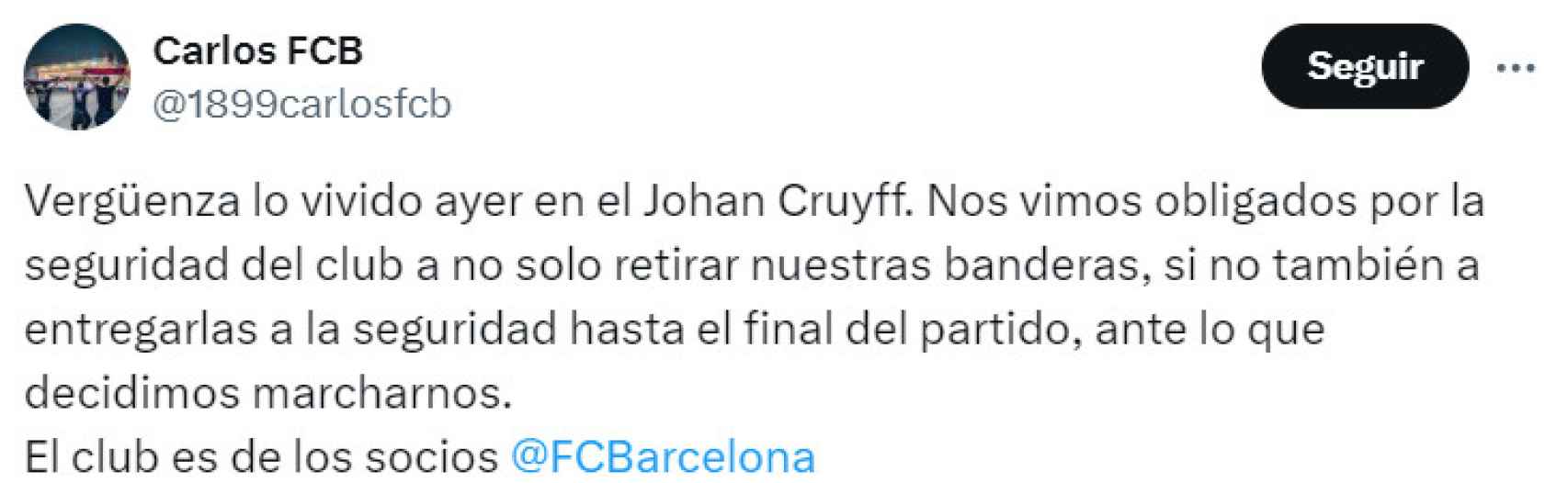 Un socio del Barça denuncia que le confiscaron las banderas en el Estadi Johan Cruyff