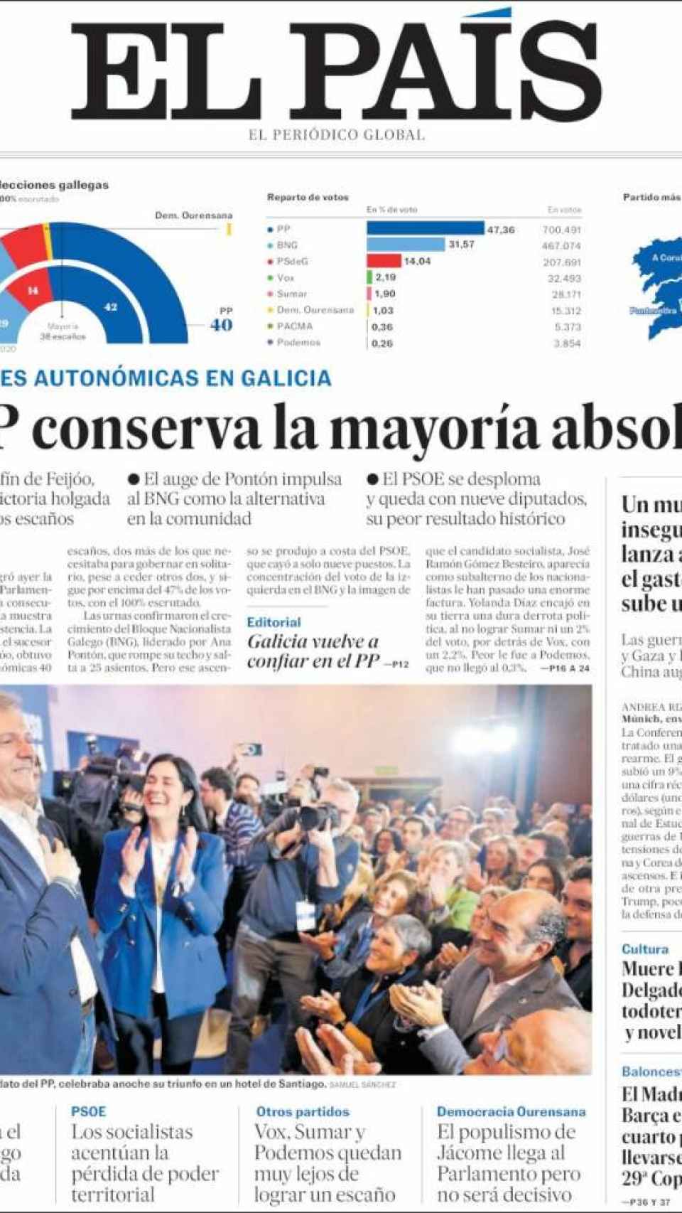 Portada de 'El País' del 19 de febrero de 2024