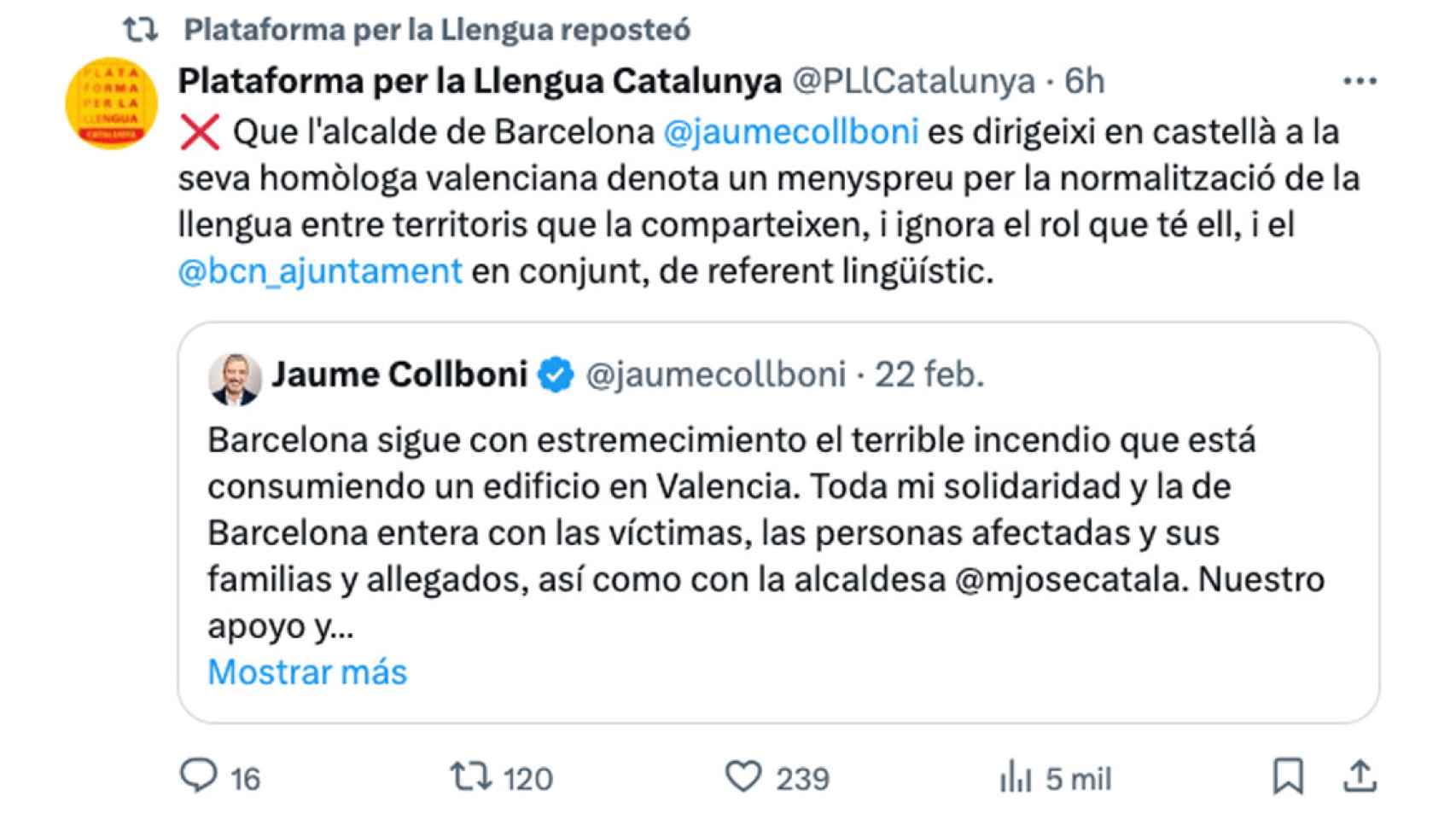 Plataforma per la Llengua, criticando que Collboni expresara sus condolencias por el incendio de Valencia en castellano
