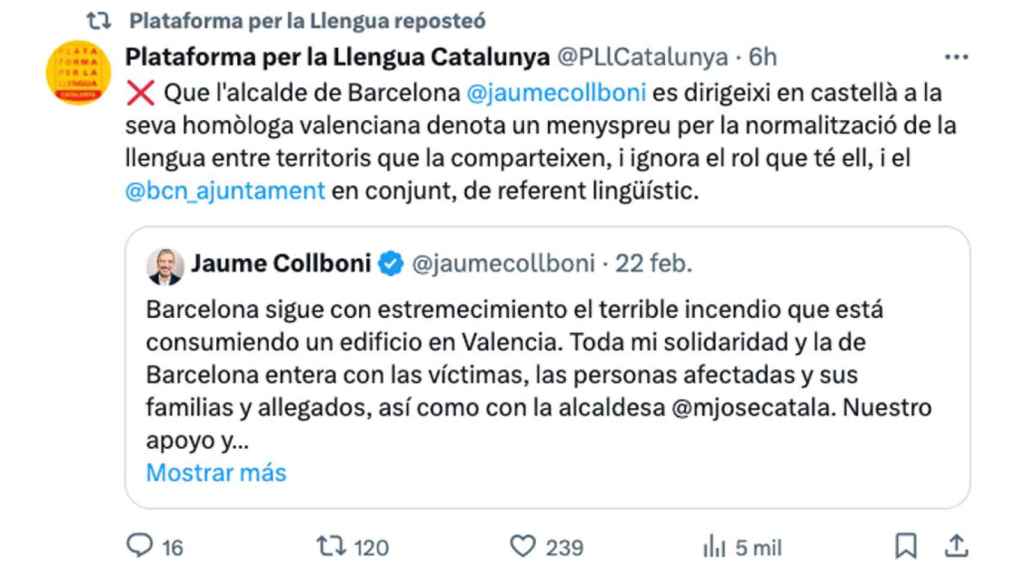 Plataforma per la Llengua, criticando que Collboni expresara sus condolencias por el incendio de Valencia en castellano
