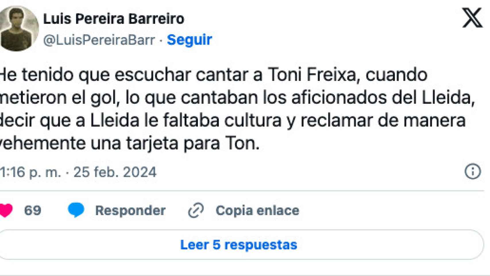 Tuit del presidente del Lleida contra Toni Freina