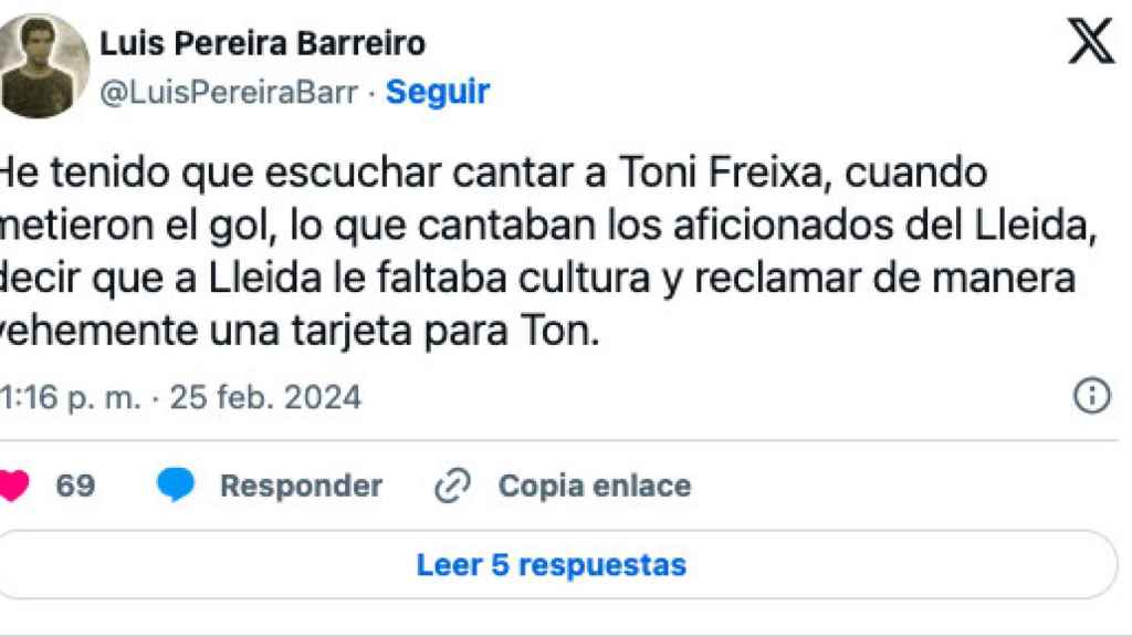 Tuit del presidente del Lleida contra Toni Freina