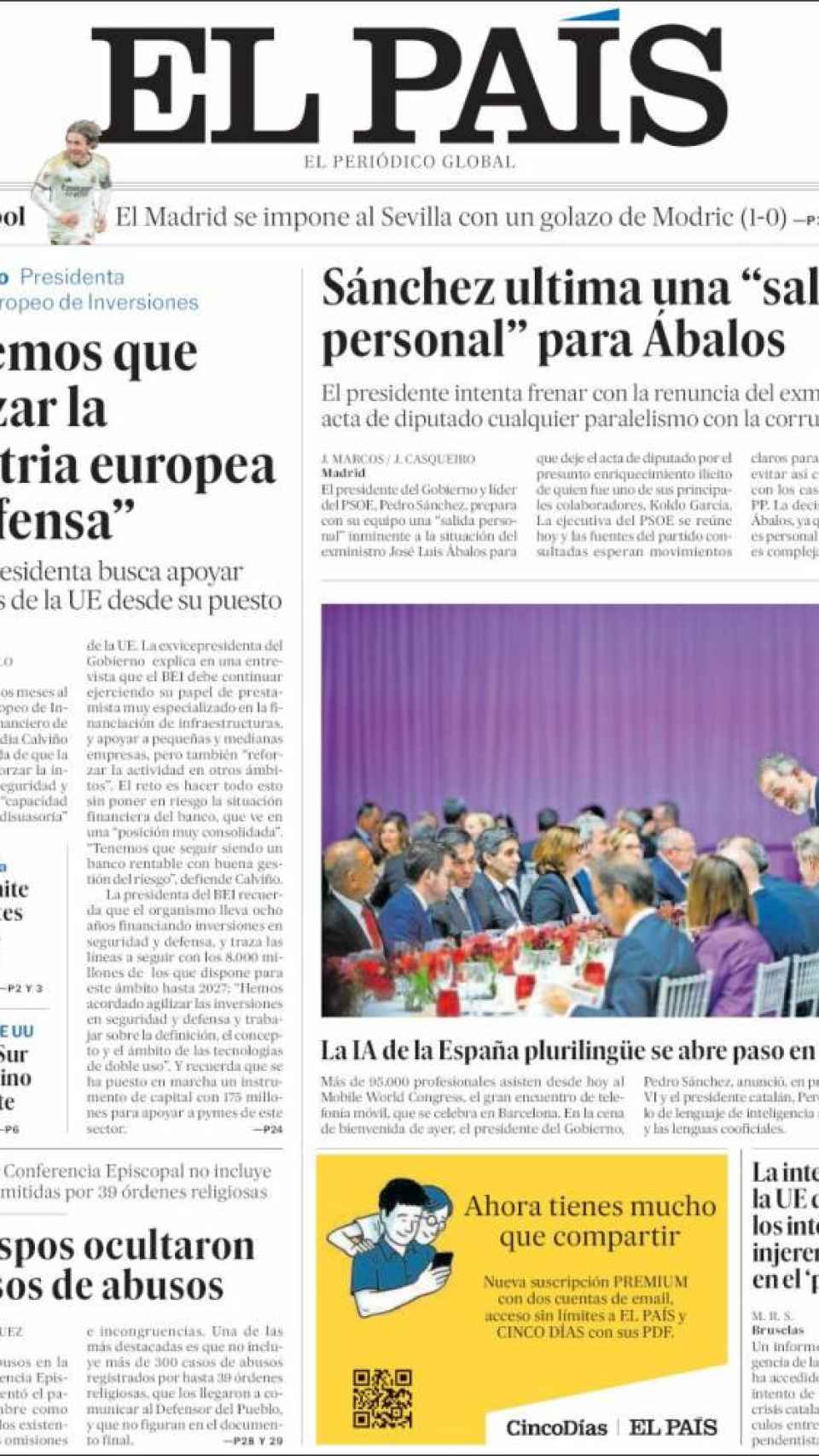 Portada de 'El País' del 26 de febrero de 2024