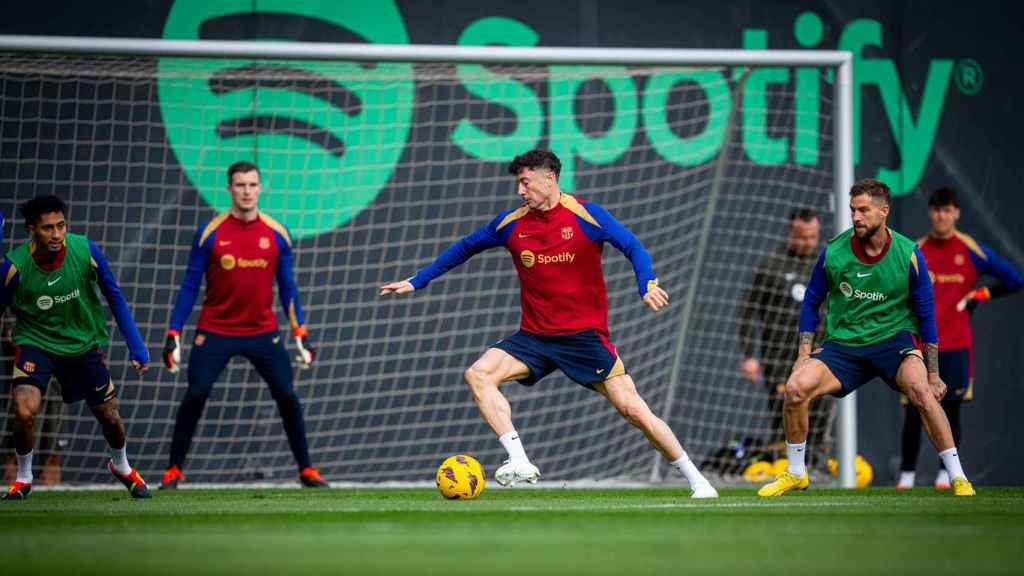 Lewandowski, durante el entrenamiento del Barça previo al duelo contra el Athletic