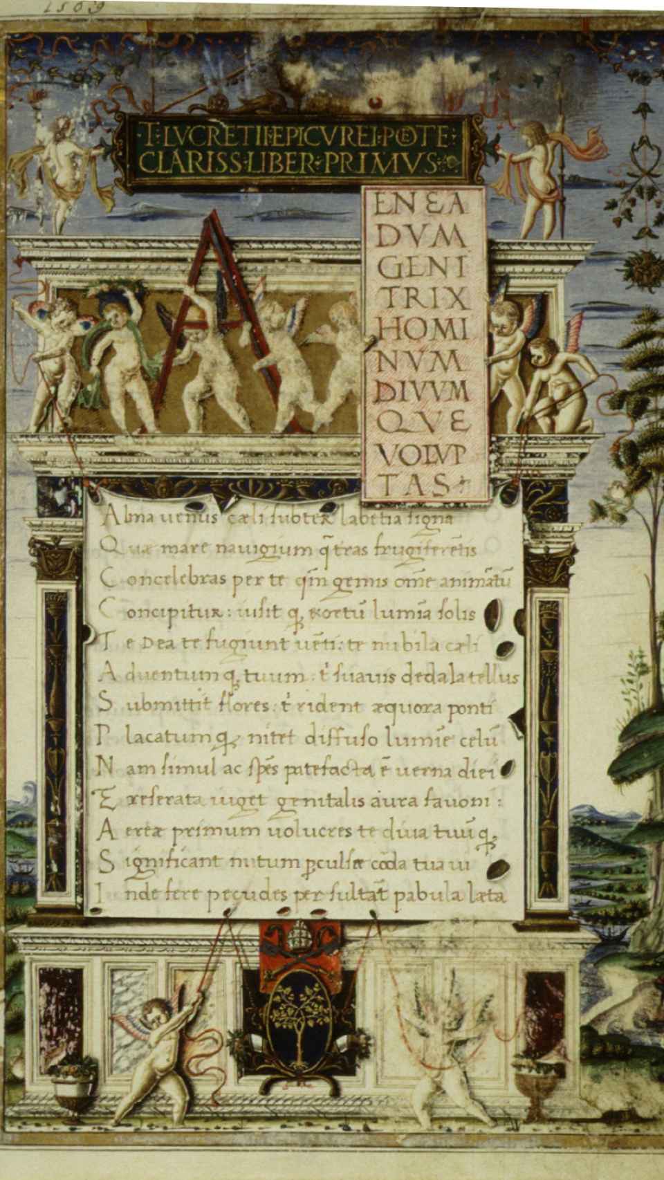 Frontispicio de una copia de De rerum natura escrito por un fraile agustino para el papa Sixto IV, c. 1483.