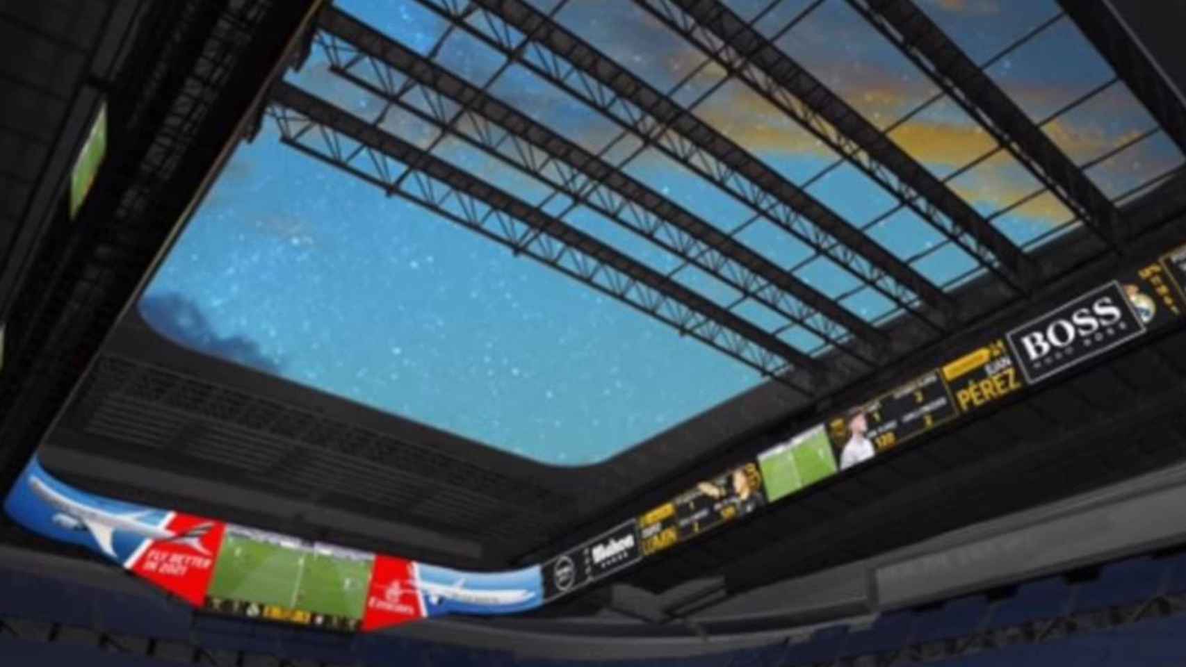 Un vistazo del videomarcador de 360 grados del nuevo Santiago Bernabéu