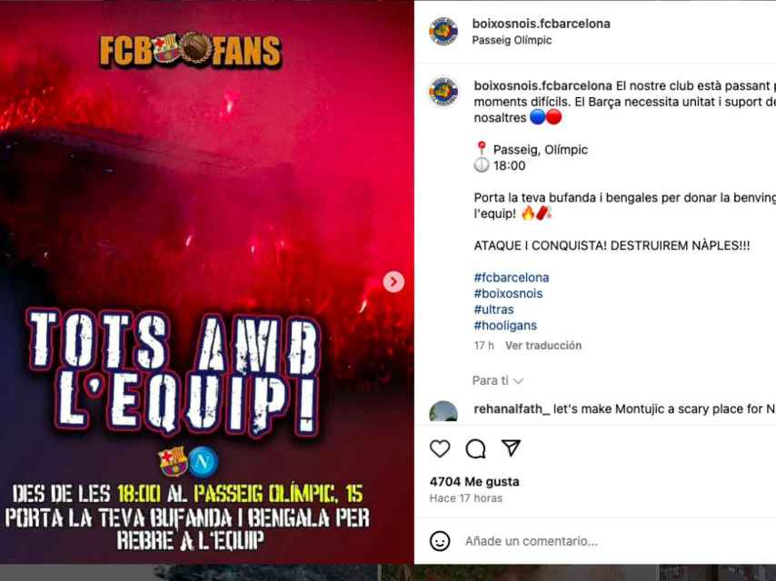 Los Boixos piden a los aficionados del Barça que acudan a Montjuïc