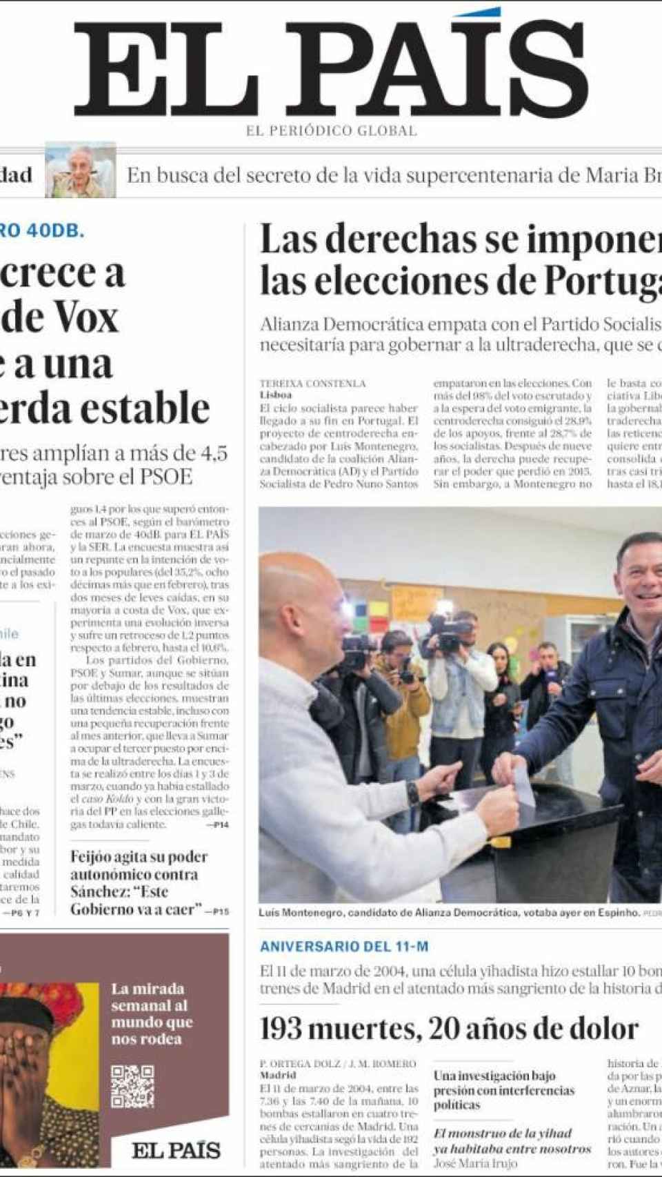 Portada de 'El País' del 11 de marzo de 2024