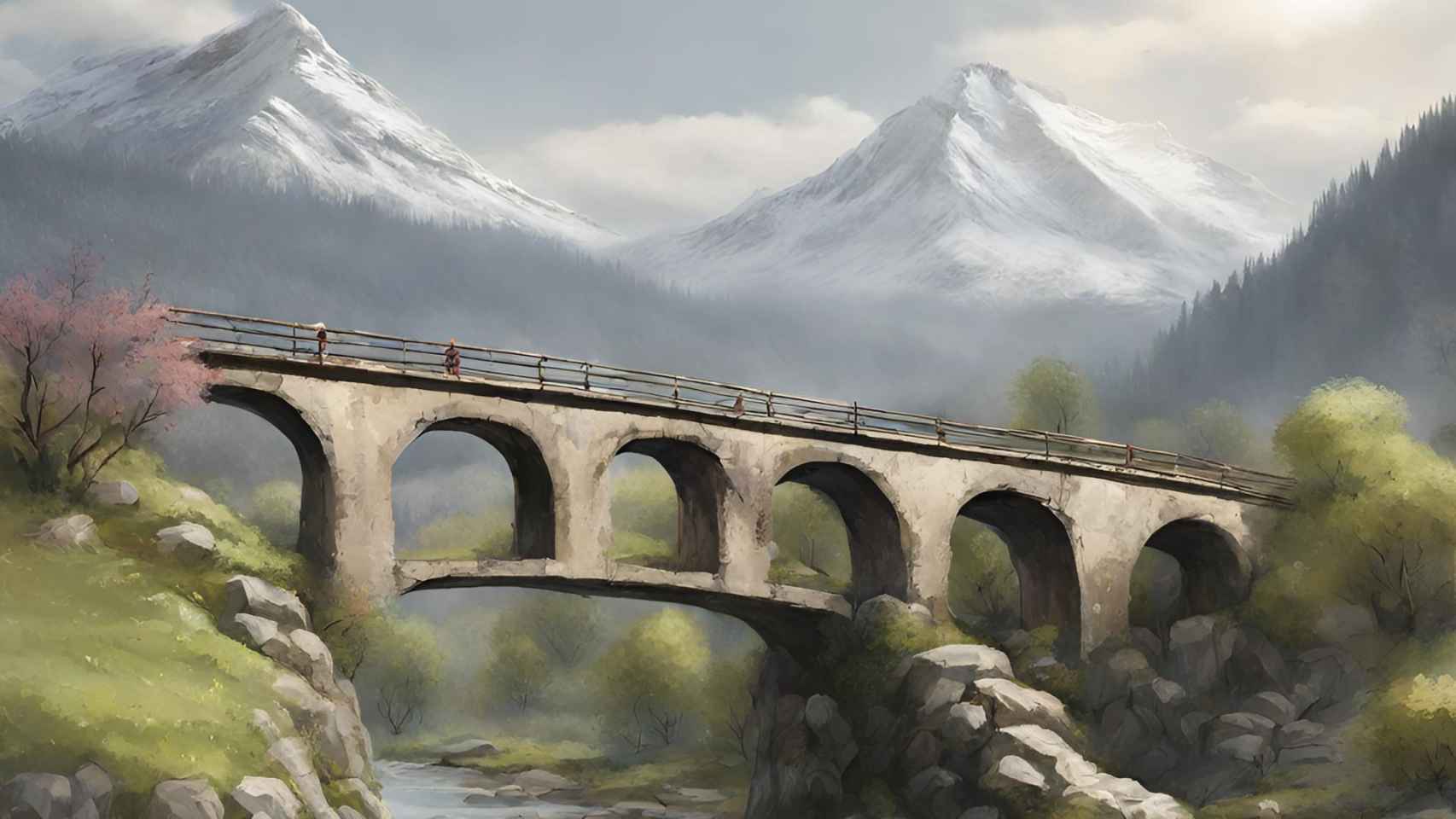 Imagen de archivo un puente en una zona montañosa generada por IA